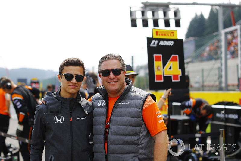 Zak Brown, Executive Director, McLaren Technology Group, with development driver Lando Norris