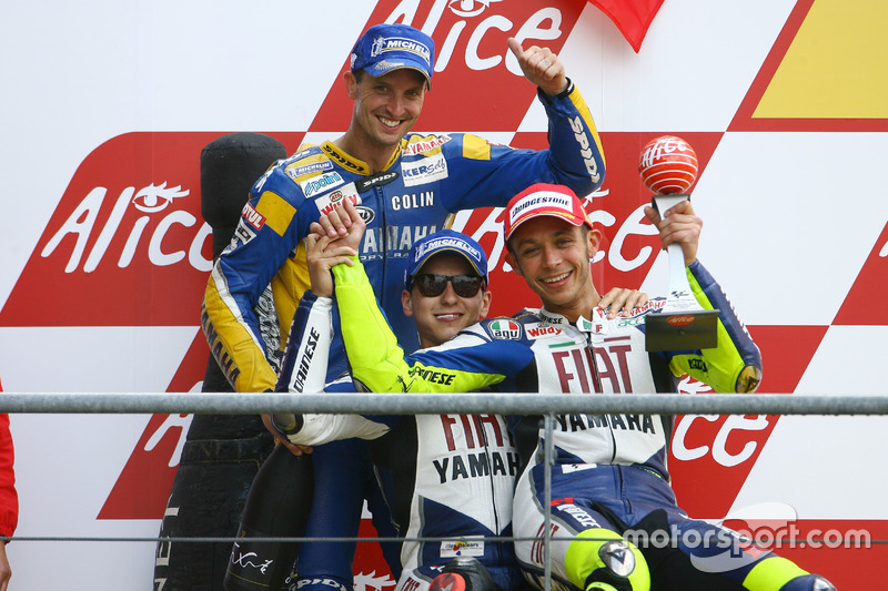 Podium: Race winner Valentino Rossi, Yamaha; second place Jorge Lorenzo, Yamaha; third place Colin E