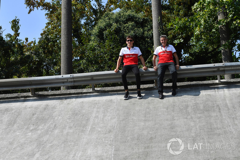 Charles Leclerc, Alfa Romeo Sauber F1 Team and Xevi Pujolar, Alfa Romeo Sauber F1 Team Head of Track Engineering on the Monza banking