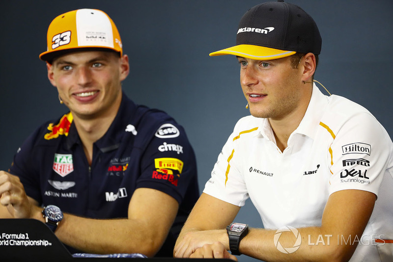 Stoffel Vandoorne, McLaren, and Max Verstappen, Red Bull Racing, in the Thursday press conference