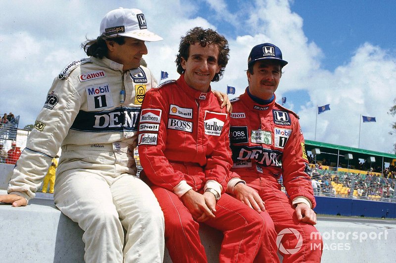 Nelson Piquet, Williams Honda, Alain Prost, McLaren TAG Porsche, Nigel Mansell, Williams Honda, al muretto box