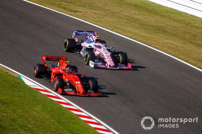 Charles Leclerc, Ferrari SF90, y Lance Stroll, Racing Point RP19