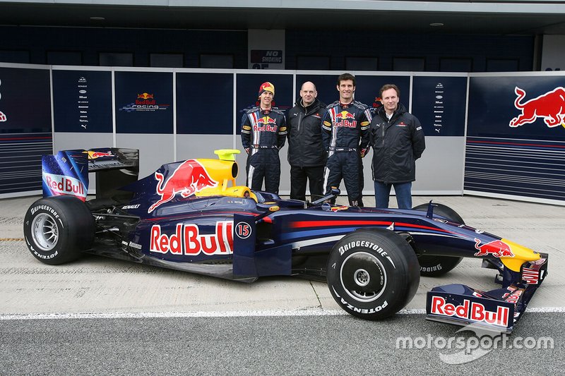 Sebastian Vettel, Red Bull racing, Mark Webber, Red Bull Racing avec Adrian Newey, directeur technique Red Bull Racing et Christian Horner, Red Bull Racing