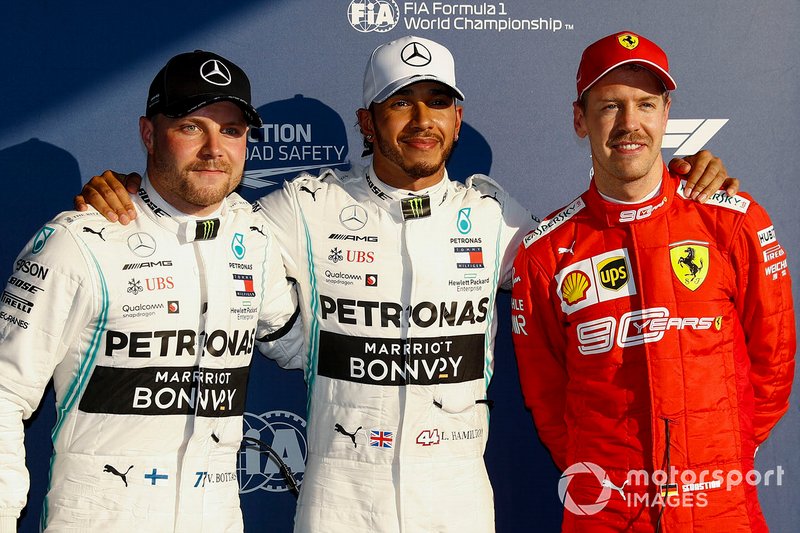 Valtteri Bottas, Mercedes AMG F1, Pole Sitter Lewis Hamilton, Mercedes AMG F1 and Sebastian Vettel, Ferrari in Parc Ferme