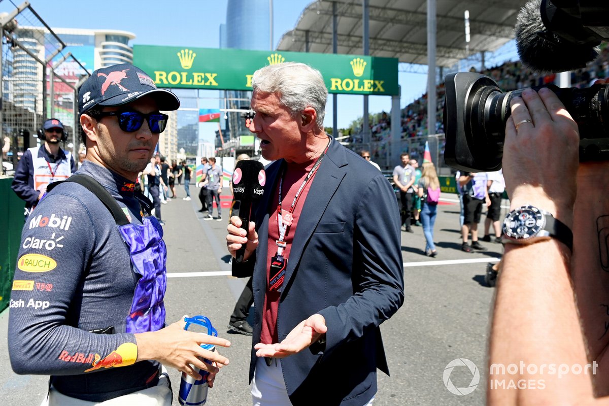 Sergio Perez, Red Bull Racing, is interviewed by David Coulthard, TV Presenter