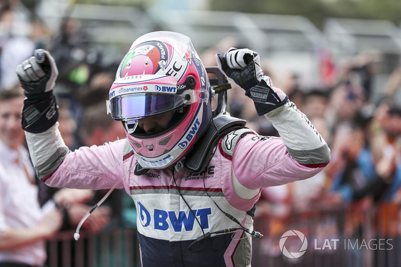 Third place Sergio Perez, Force India celebrates in parc ferme