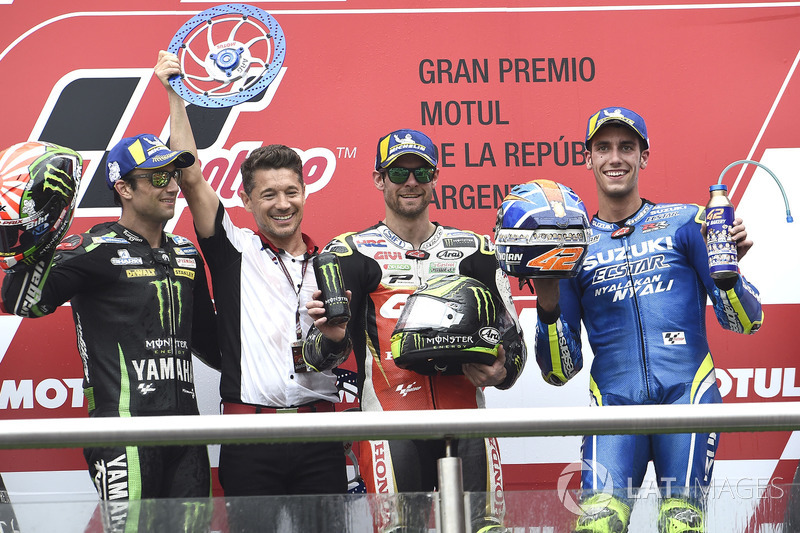 Second place Johann Zarco, Monster Yamaha Tech 3, Race winner Cal Crutchlow, Team LCR Honda, Third p