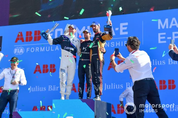 Antonio Felix da Costa, DS Techeetah, DS E-Tense FE20, primo classificato, Maximilian Günther, BMW I Andretti Motorsports, secondo classificato, Jean-Eric Vergne, DS Techeetah, DS E-Tense FE20, terzo classificato