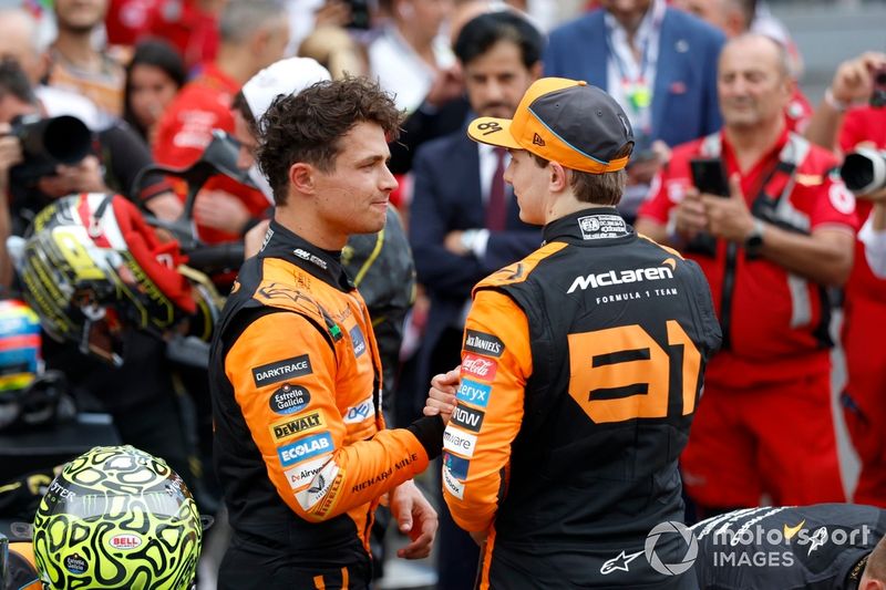 Lando Norris, McLaren F1 Team, 3rd position, Oscar Piastri, McLaren F1 Team, 2nd position, congratulate each other in Parc Ferme