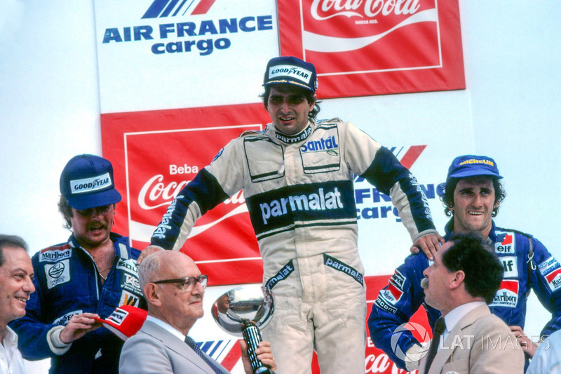 Podium: race winner Nelson Piquet, Brabham, second place Keke Rosberg, Williams, third place Alain Prost, Renault. Nelson Piquet and Keke Rosberg were later disqualified for illegal water tanks