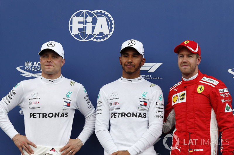 Valtteri Bottas, Mercedes-AMG F1, Lewis Hamilton, Mercedes-AMG F1 and Sebastian Vettel, Ferrari in parc ferme