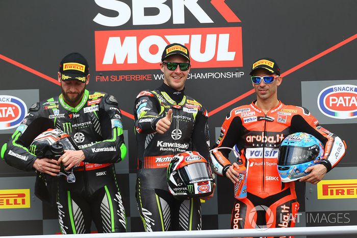 Podio: ganador de la carrera Jonathan Rea, Kawasaki Racing, segundo lugar Tom Sykes, Kawasaki Racing, tercer lugar Marco Melandri, Aruba.it Racing-Ducati SBK Team