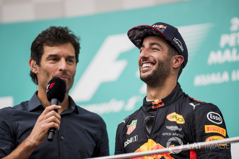 Mark Webber, TV Pundit, Channel 4 F1, interviews third place Daniel Ricciardo, Red Bull Racing, on t