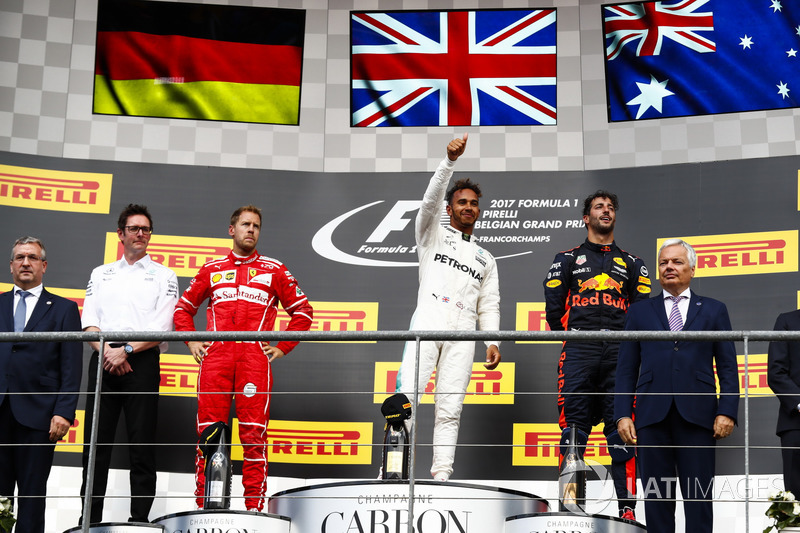 Podium: Second place Sebastian Vettel, Ferrari, Race winner Third place Lewis Hamilton, Mercedes AMG F1 Daniel Ricciardo, Red Bull Racing