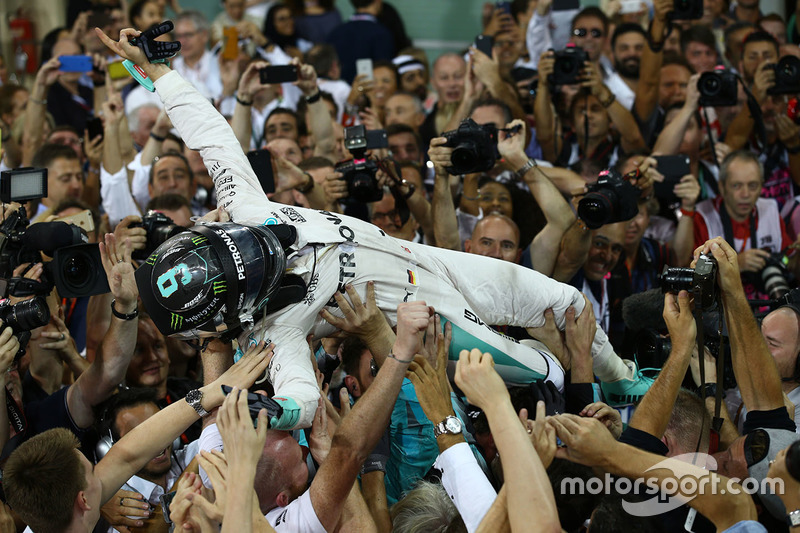 Second place and new world champion Nico Rosberg, Mercedes AMG Petronas F1 celebrates in parc ferme