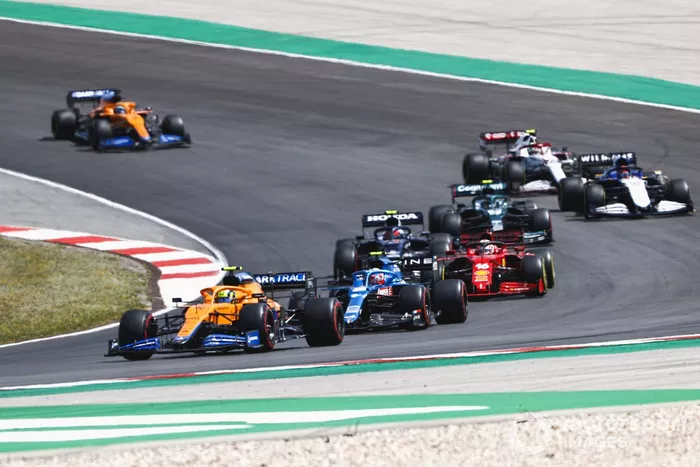 Lando Norris, McLaren MCL35M, Esteban Ocon, Alpine A521, Charles Leclerc, Ferrari SF21, Pierre Gasly, AlphaTauri AT02, Sebastian Vettel, Aston Martin AMR21, George Russell, Williams FW43B, Antonio Giovinazzi, Alfa Romeo Racing C41, Daniel Ricciardo, McLaren MCL35M