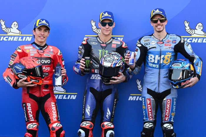 Polesitter Fabio Quartararo, Yamaha Factory Racing, second place Marc Marquez, Ducati Team, third place Alex Marquez, Gresini Racing