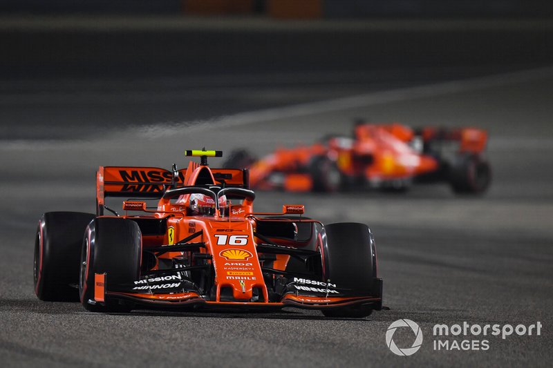 Charles Leclerc, Ferrari SF90, leads Sebastian Vettel, Ferrari SF90