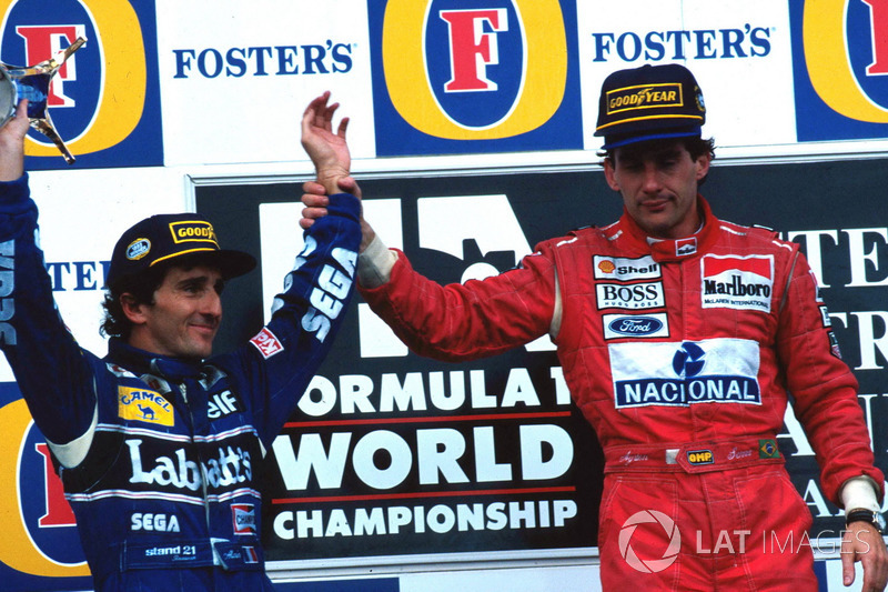 Podium : le vainqueur Ayrton Senna, McLaren, le second et Champion du monde Alain Prost, Williams