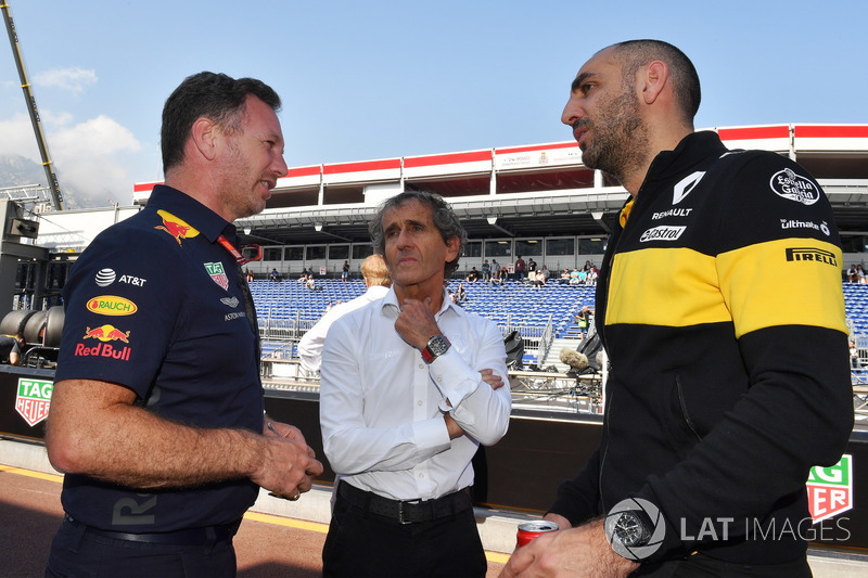 Christian Horner, Red Bull Racing Team Principal, Alain Prost, Renault Sport F1 Team Special Advisor and Cyril Abiteboul, Renault Sport F1 Managing Director