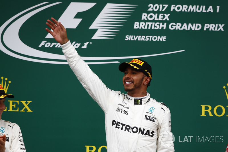 Race winner Lewis Hamilton, Mercedes AMG F1, celebrates victory on the podium