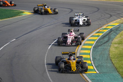 Nico Hulkenberg, Renault Sport F1 Team RS17, leads Esteban Ocon, Force India VJM10, Lance Stroll, Williams FW40, and Jolyon Palmer, Renault Sport F1 Team RS17
