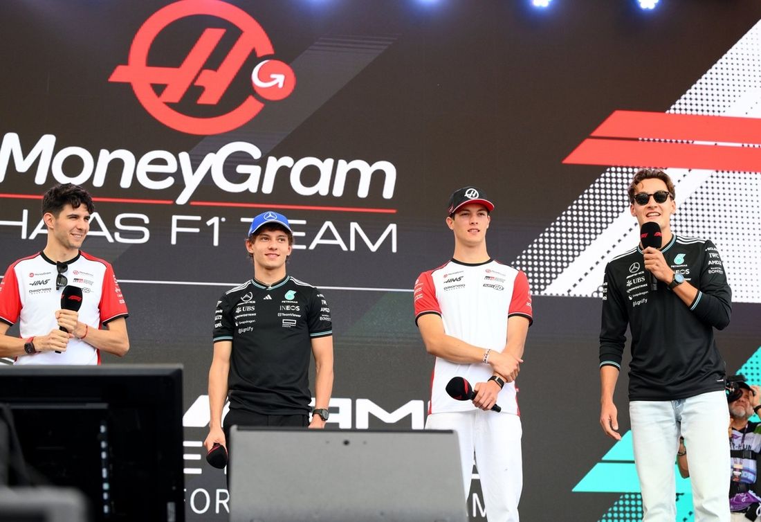 George Russell, Mercedes, Esteban Ocon, Haas F1 Team, Oliver Bearman, Haas F1 Team, Andrea Kimi Antonelli, Mercedes