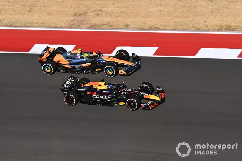 Lando Norris, McLaren MCL38, battles with Max Verstappen, Red Bull Racing RB20