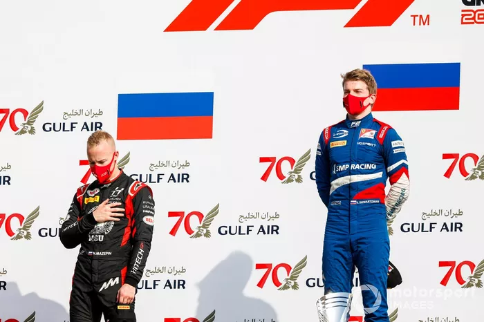 Nikita Mazepin, Hitech Grand Prix and Race Winner Robert Shwartzman, Prema Racing on the podium