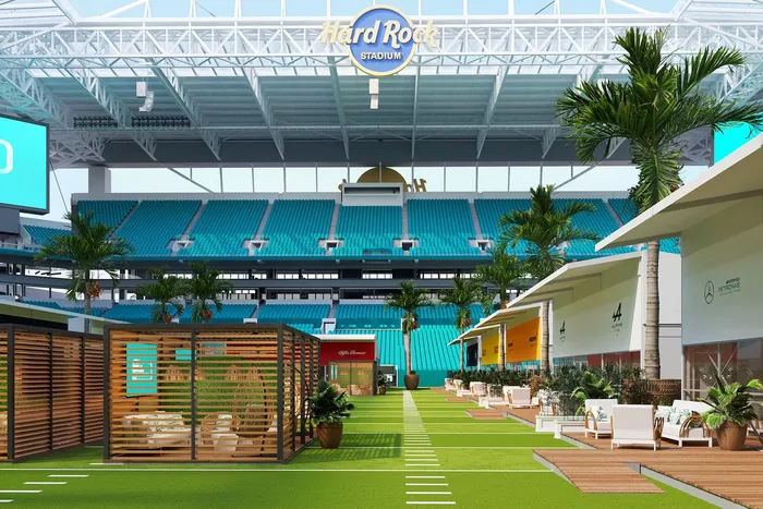 La zona de los equipos en el estadio de los Miami Dolphins para el GP de Miami de F1, el Team Village 