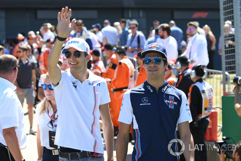 Esteban Ocon, Force India F1 and Lance Stroll, Williams on the drivers parade