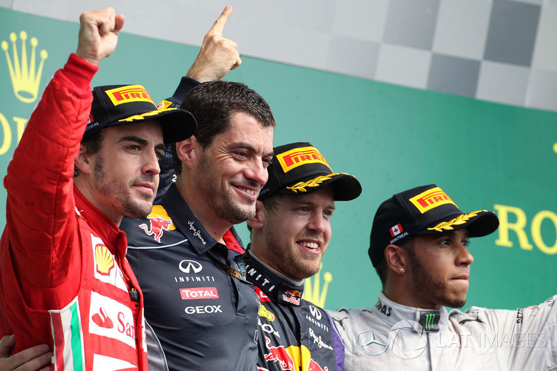 Podium: 1. Sebastian Vettel, Red Bull; 2. Fernando Alonso, Ferrari; 3. Lewis Hamilton, Mercedes