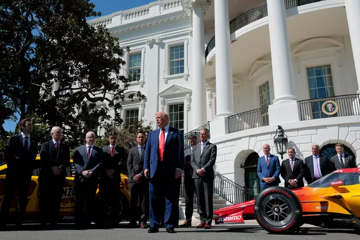 U.S. President Donald Trump, Roger Penske, Joey Logano, Ryan Blaney