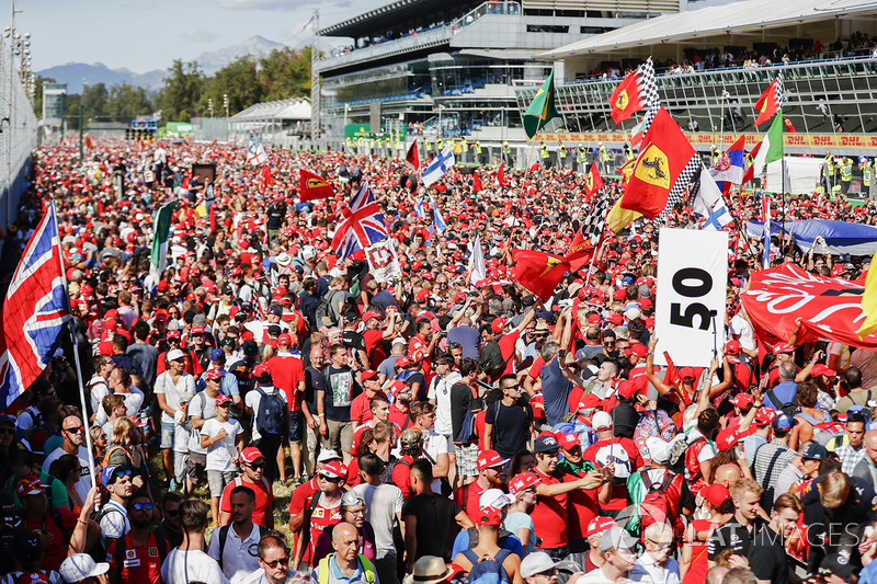 A mass of red Ferrari fans on the circuit after the race