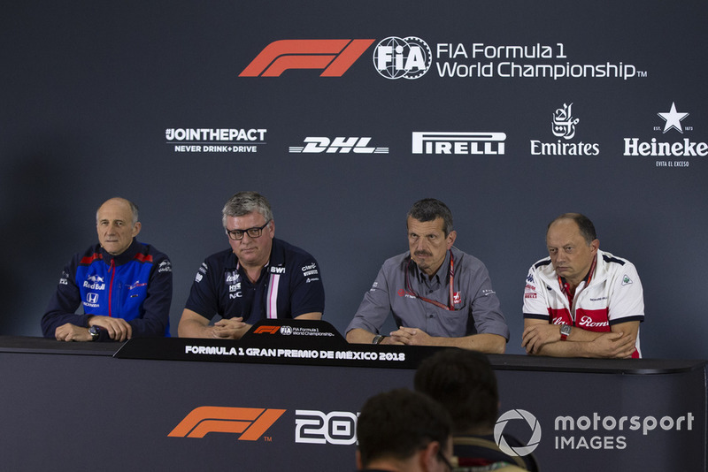 Franz Tost, directeur de la Scuderia Toro Rosso, Otmar Szafnauer, directeur de Racing Point Force India , Gunther Steiner, directeur de Haas F1 Team et Frederic Vasseur, directeur de Sauber en conférence de presse