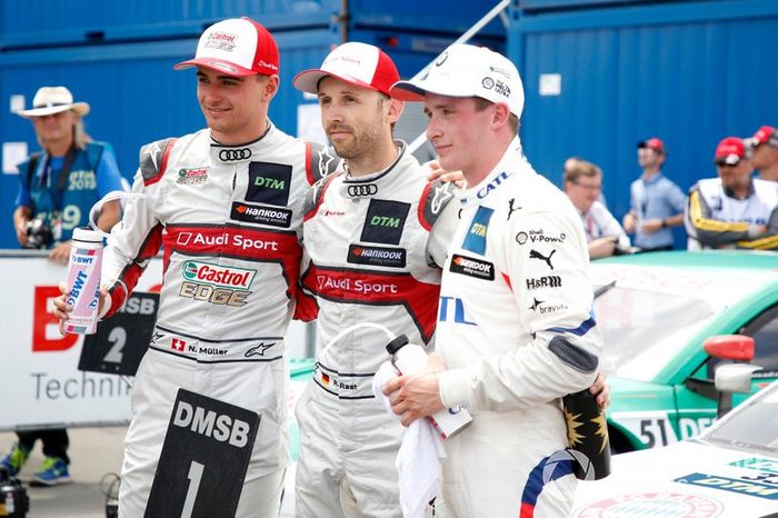Ganador de la carrera René Rast, Audi Sport Team Rosberg, segundo lugar Nico Müller, Audi Sport Team Abt Sportsline, tercer lugar Joel Eriksson, BMW Team RBM