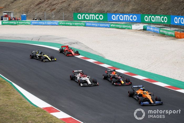 Lando Norris, McLaren MCL35, Max Verstappen, Red Bull Racing RB16, Kimi Raikkonen, Alfa Romeo Racing C39, Daniel Ricciardo, Renault F1 Team R.S.20, Charles Leclerc, Ferrari SF1000