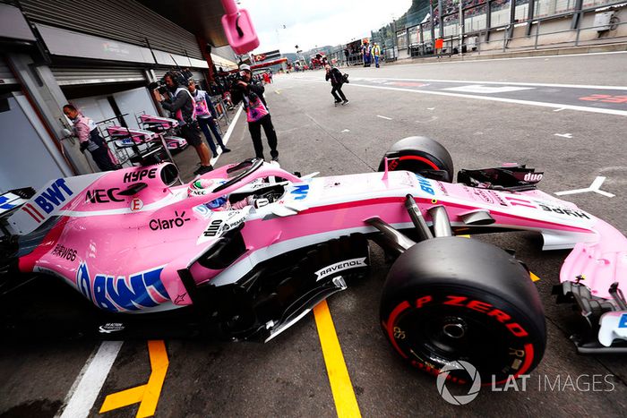 Sergio Perez, Racing Point Force India VJM11, exits his pit garage