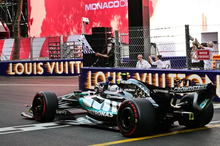 Andrea Kimi Antonelli, Mercedes, crosses the finish line to win the Monaco Grand Prix.