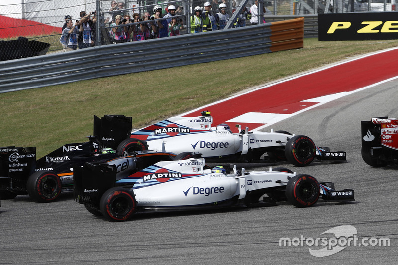 Valtteri Bottas, Williams FW38; Felipe Massa, Williams FW38 y Nico Hulkenberg, Force India VJM09