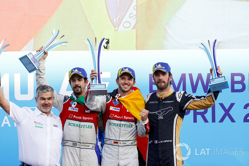 Jean-Eric Vergne, Techeetah, places 3rd, Lucas di Grassi, Audi Sport ABT Schaeffler, places 2nd, Daniel Abt, Audi Sport ABT Schaeffler, wins the Berlin ePrix