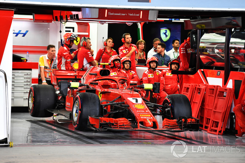 The car of race retiree Kimi Raikkonen, Ferrari SF71H in the garage