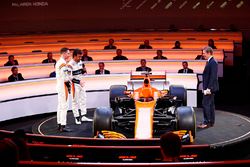 Fernando Alonso, McLaren, Stoffel Vandoorne, McLaren, and presenter Simon Lazenby discuss the MCL32 on stage