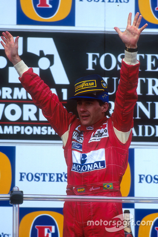 Podium: Race winner Ayrton Senna, McLaren celebrates