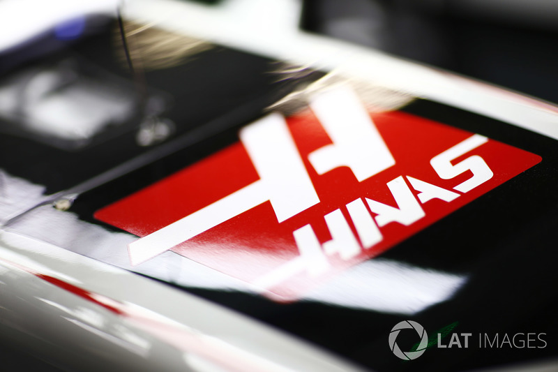 A Haas logo on the nose of the Haas F1 Team VF-18 Ferrari