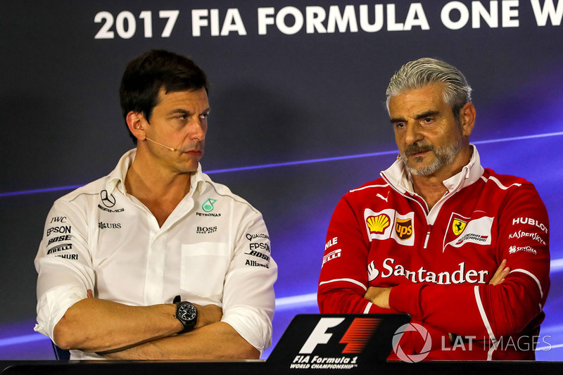Toto Wolff, Mercedes AMG F1 Director of Motorsport and Maurizio Arrivabene, Ferrari Team Principal in the Press Conference