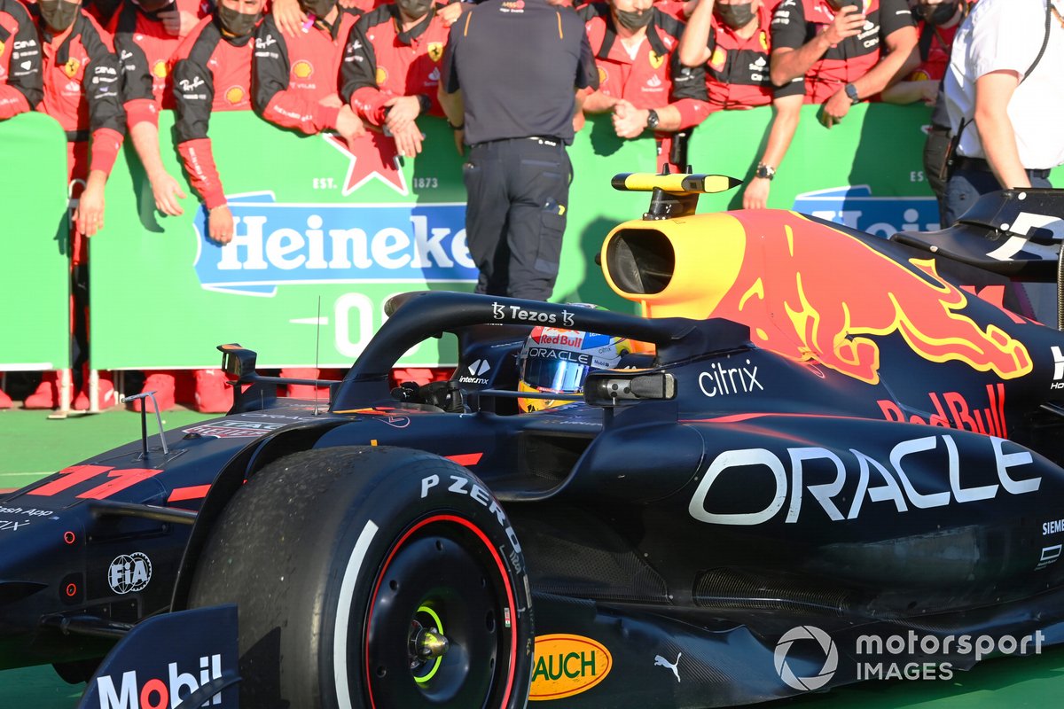 Sergio Perez, Red Bull Racing RB18, 2nd position, arrives in Parc Ferme