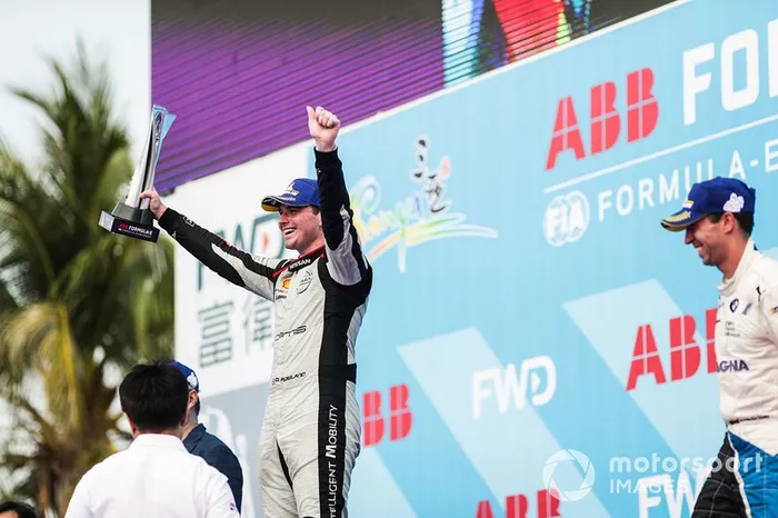 Oliver Rowland, Nissan e.Dams, 2nd position, celebrates his maiden Formula E podium finish