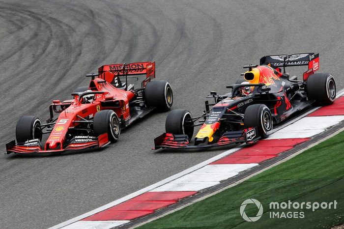 Sebastian Vettel, Ferrari SF90 and Max Verstappen, Red Bull Racing RB15 battle 