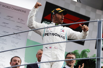 Winner Lewis Hamilton, Mercedes AMG F1, celebrates on the podium